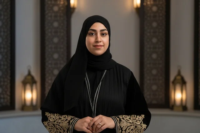 Emirati Woman in Black Abaya with Traditional Lanterns