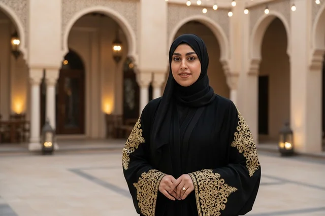 Saudi Woman in Gold Embroidered Abaya Courtyard