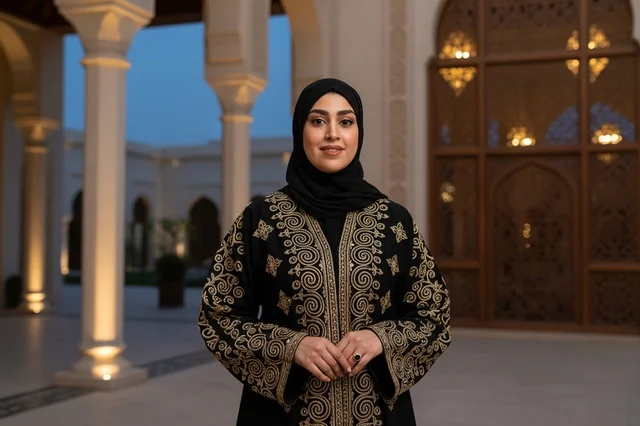 Emirati Woman in Traditional Black Abaya at Night