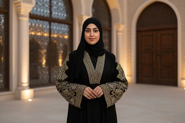 امرأة إماراتية بالعباءة التقليدية السوداء في موقع تراثي