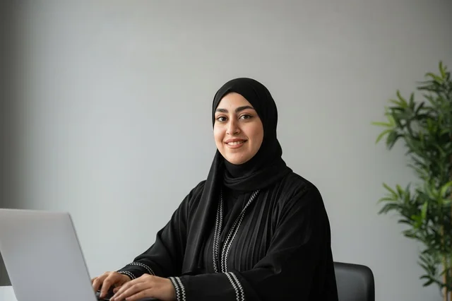 سيدة أعمال إماراتية تعمل على اللابتوب في المكتب سيدة أعمال إماراتية تعمل على اللابتوب في المكتب