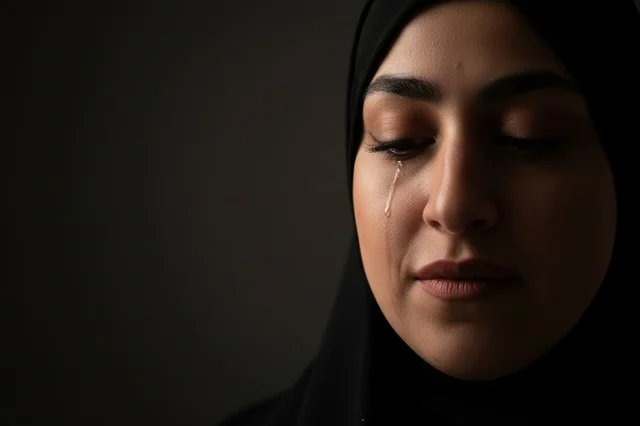 امرأة سعودية محجبة تبكي لقطة قريبة للحزن