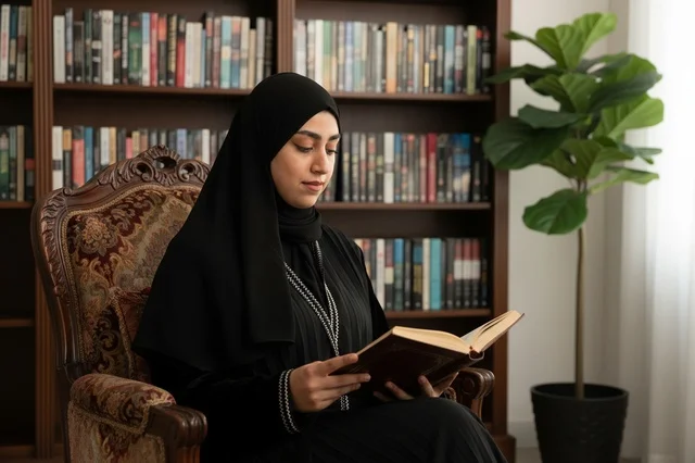 امرأة سعودية تقرأ كتاباً في مكتبة كلاسيكية