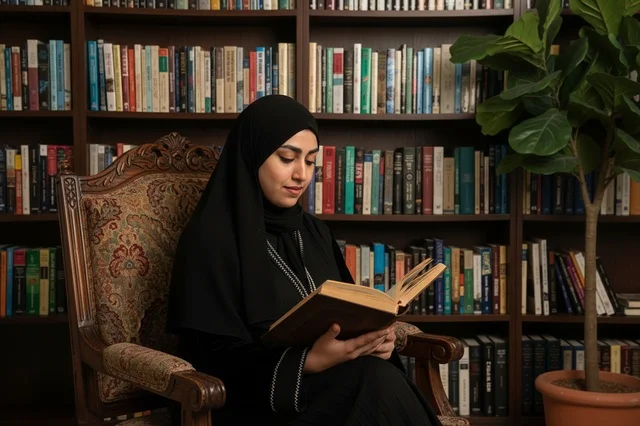 Emirati Woman Reading Book in Library with Abaya