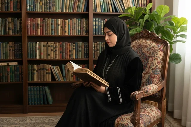 Arab Woman in Abaya Reading Book in Library