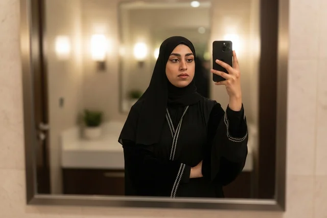امرأة سعودية بالعباءة السوداء تلتقط صورة سيلفي