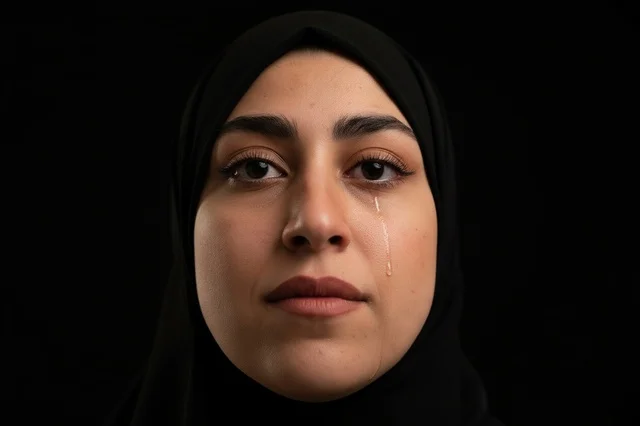 امرأة عربية حزينة ترتدي الحجاب تبكي لقطة قريبة