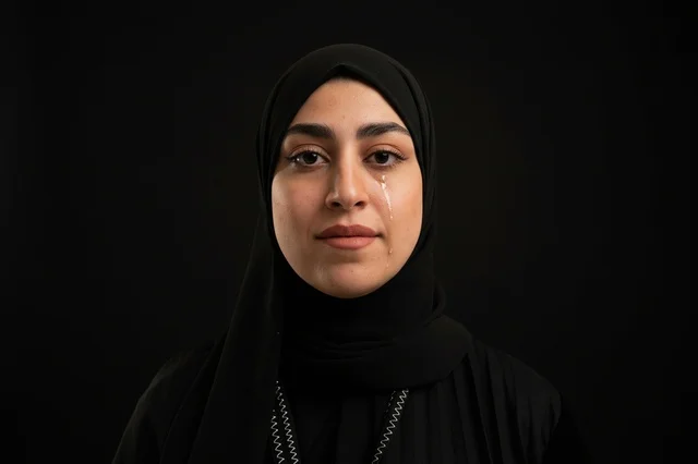 Sad Crying Arab Woman in Black Hijab and Traditional Abaya