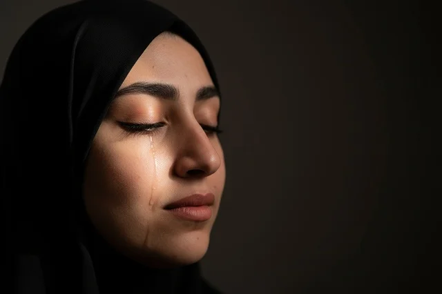 Sad Saudi Woman in Hijab Crying with Tears