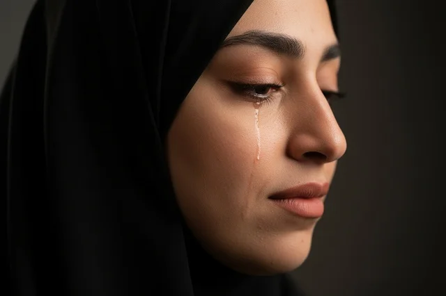Arab Woman Wearing Black Hijab Crying Sadness Portrait