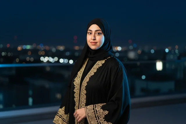 Emirati Woman in Abaya with Night City Skyline