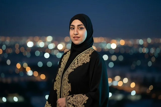 امرأة إماراتية بالعباءة التقليدية في ليل المدينة