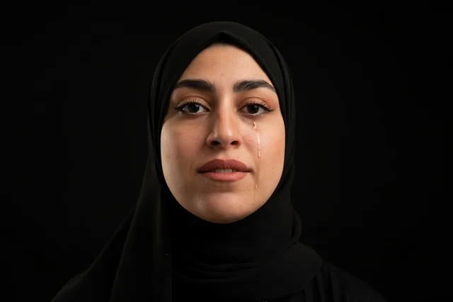 امرأة سعودية تبكي بالحجاب الأسود لقطة قريبة