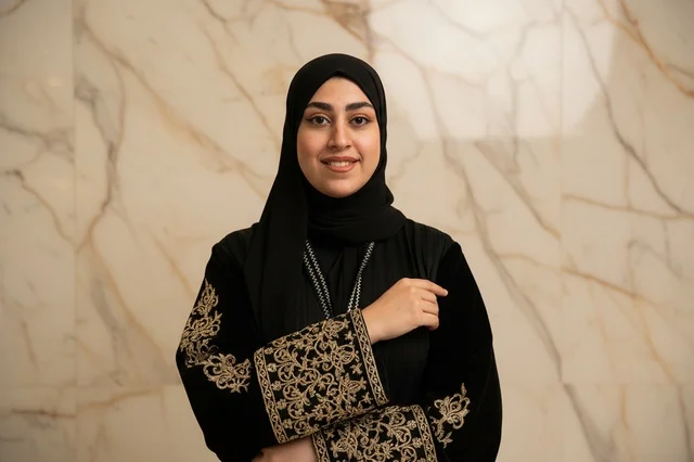 امرأة إماراتية بعباءة سوداء وتطريز ذهبي أمام الرخام