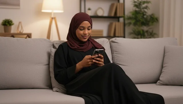 امرأة أفريقية محجبة تستخدم الهاتف الذكي على الأريكة