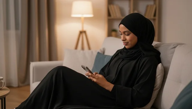 امرأة سعودية بالعباءة السوداء تستخدم الهاتف في المنزل