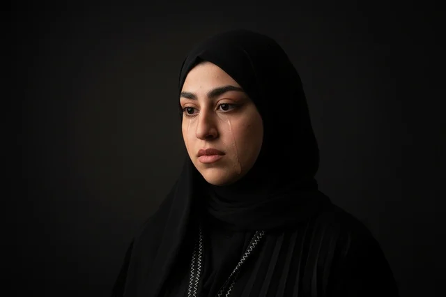 Emotional Sad Arab Woman in Black Hijab Crying Portrait