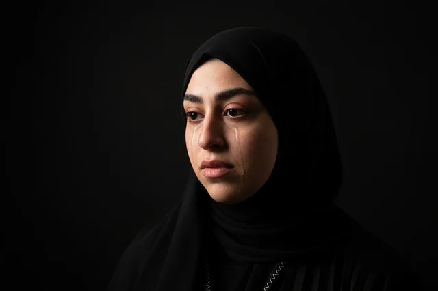 امرأة سعودية محجبة تبكي بخلفية سوداء