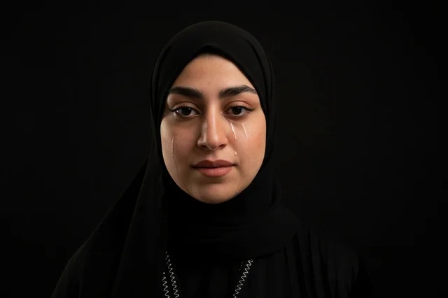 Emirati Woman Crying in Black Hijab Portrait