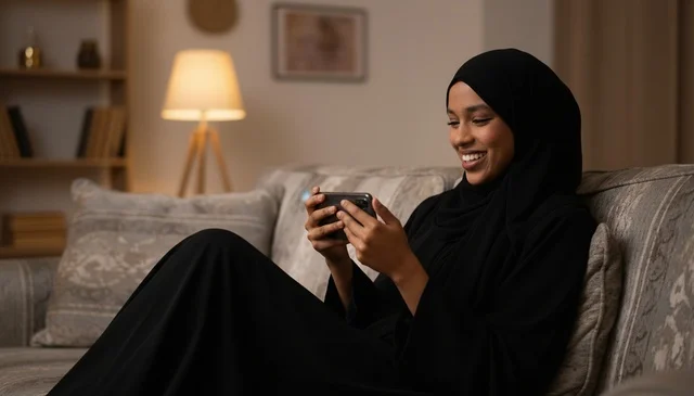 امرأة عربية بالعباءة السوداء تستخدم الهاتف الذكي