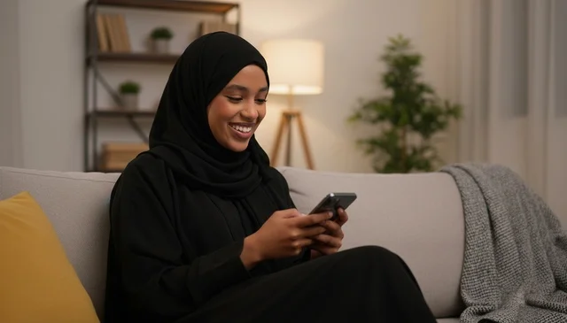 امرأة عربية بالعباءة السوداء تستخدم الهاتف الذكي