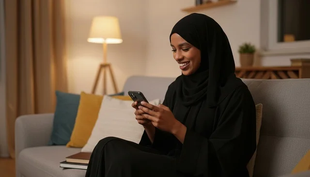 African Woman in Black Abaya Using Smartphone at Home