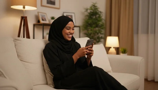 امرأة مبتسمة بالعباءة السوداء تستخدم الجوال في المنزل