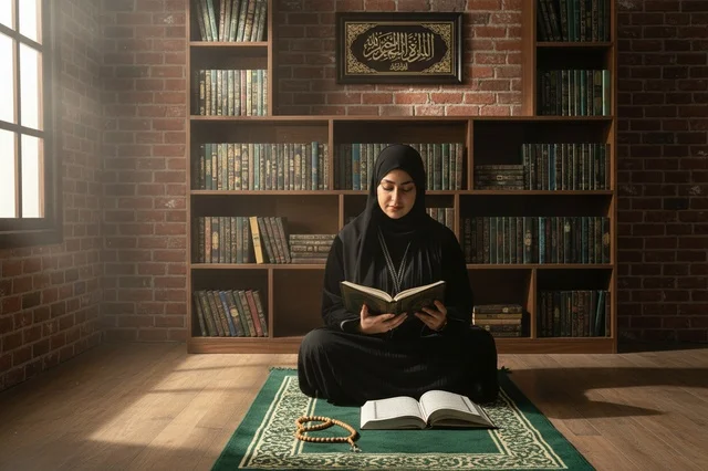 امرأة سعودية بالعباءة تقرأ القرآن في مكتبة إسلامية