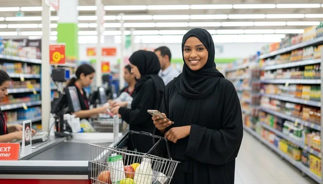 Arab Woman with Smartphone at Supermarket Checkout