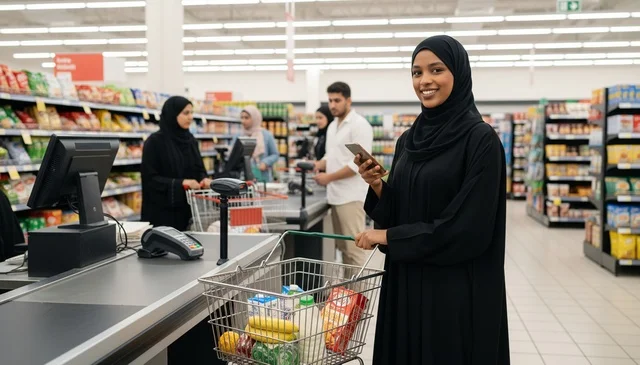 Saudi Woman Shopping at Supermarket with Smartphone