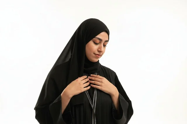 امرأة إماراتية بعباية سوداء على خلفية بيضاء