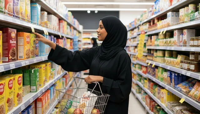 امرأة صومالية بالعباءة السوداء تتسوق في السوبر ماركت