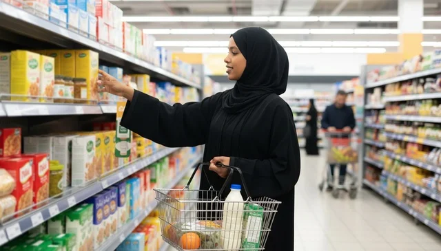 امرأة سعودية بالعباءة تتسوق في ممرات السوبر ماركت