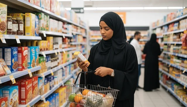 امرأة عربية تتسوق في السوبر ماركت مع سلة