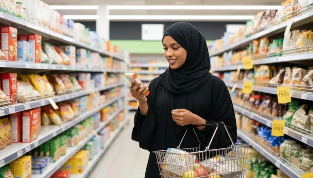 امرأة أفريقية بالحجاب تتسوق في سوبر ماركت حديث
