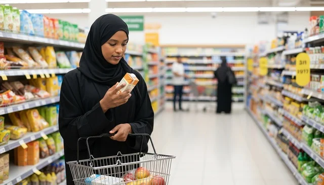 امرأة بالعباءة تتسوق في السوبر ماركت مع سلة