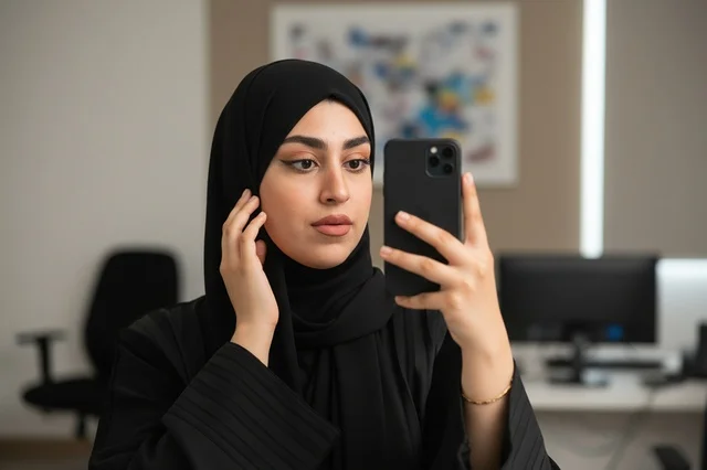 امرأة إماراتية بالعباءة السوداء تمسك هاتف في المكتب