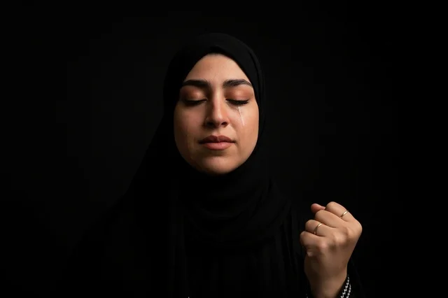 امرأة سعودية بالحجاب تبكي مع قبضة يد مضمومة
