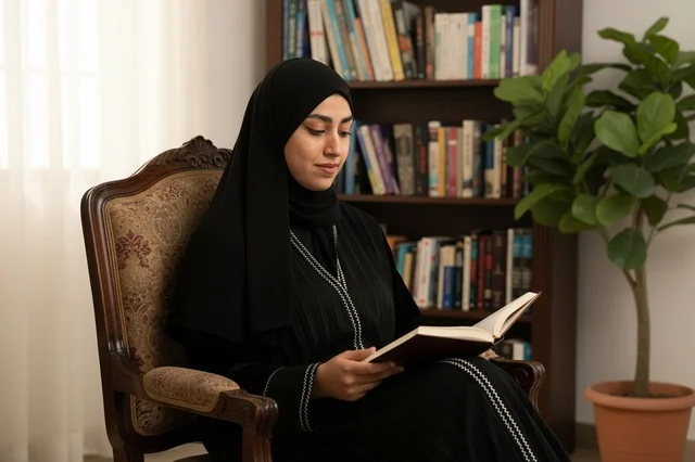 Saudi Woman in Abaya Reading Book in Library