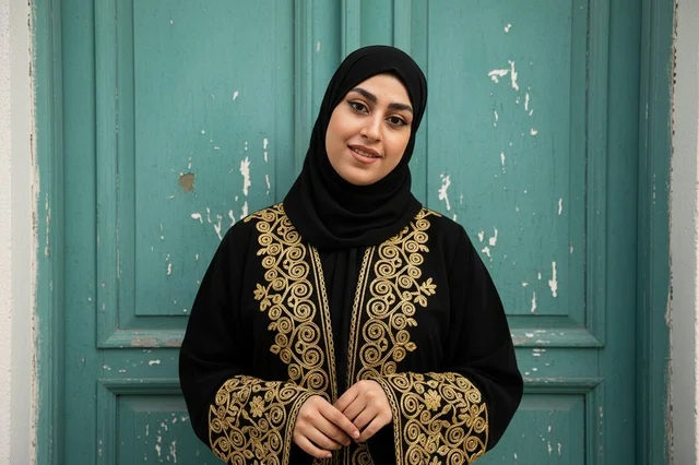 امرأة إماراتية بعباءة تقليدية مطرزة بالذهب