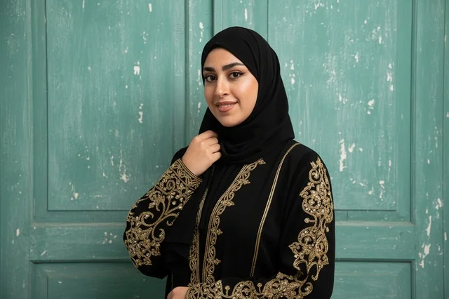 امرأة إماراتية بعباءة سوداء وتطريز ذهبي