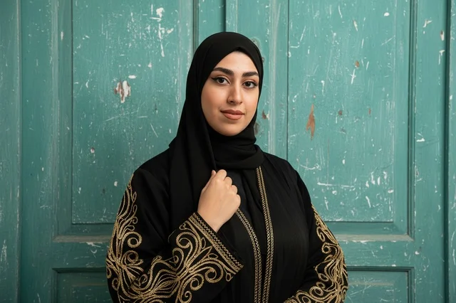 امرأة إماراتية بالعباية السوداء أمام باب خشبي أخضر