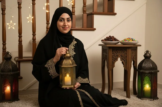 Arab Woman in Abaya Holding Ramadan Lantern Indoors