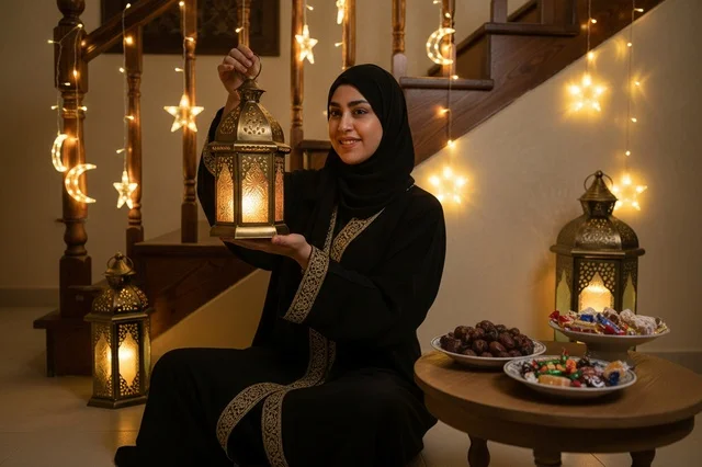 امرأة عربية بعباءة تمسك فانوس رمضان في المنزل