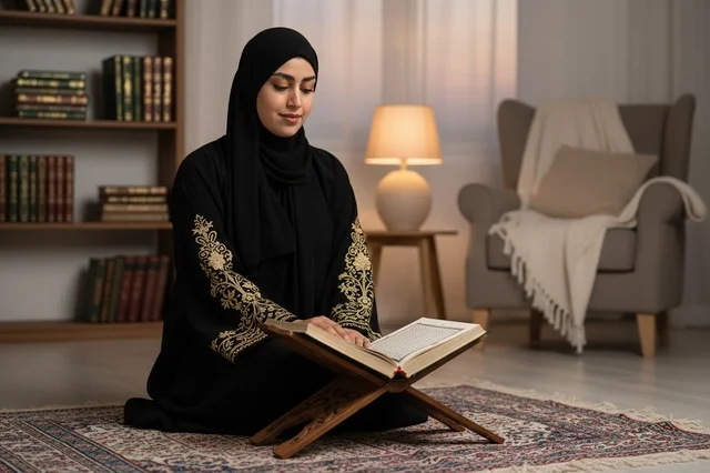 امرأة عربية تقرأ القرآن الكريم بعباءة سوداء