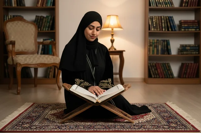 امرأة سعودية تقرأ القرآن الكريم في غرفة المكتبة