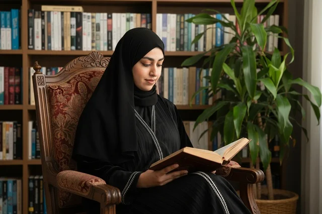 Saudi Woman in Abaya Reading Book in Library
