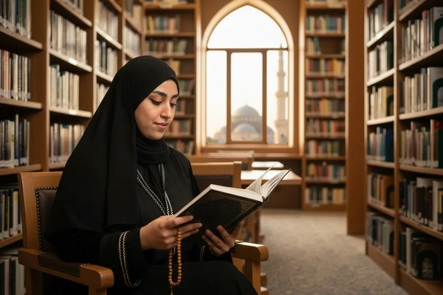 Saudi Woman in Abaya Reading Book in Library