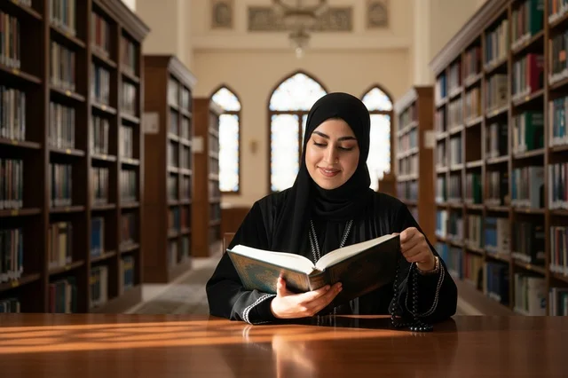 Arab Woman Reading Book in Library Interior