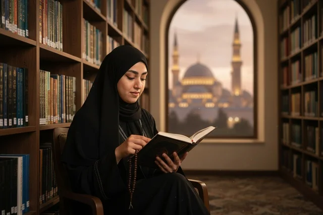 Arab Woman Reading in Library with Mosque View